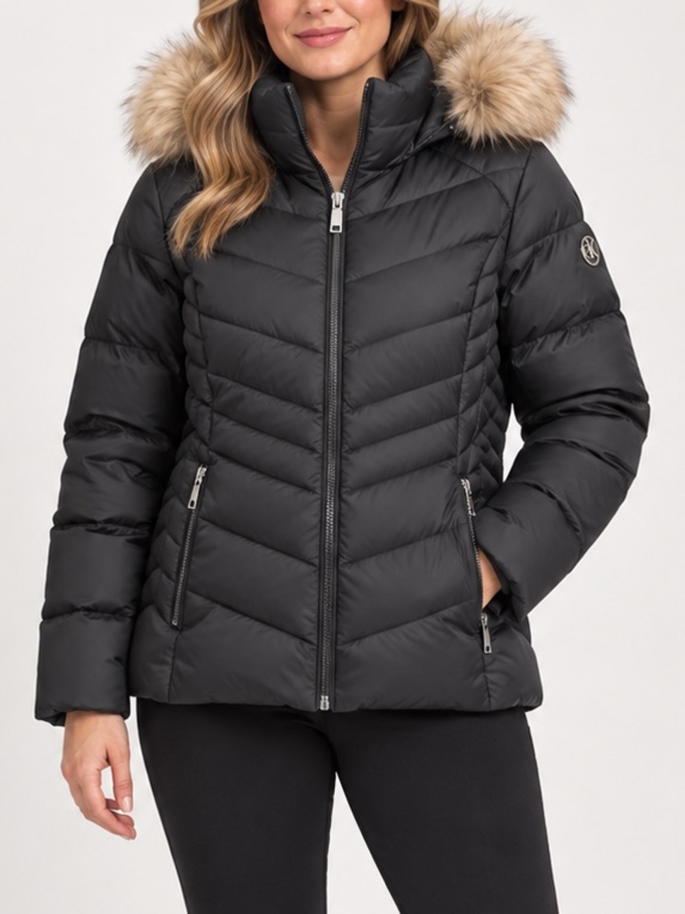Calvin Klein Black Down Puffer Jacket XL Detachable Faux Fur Hood